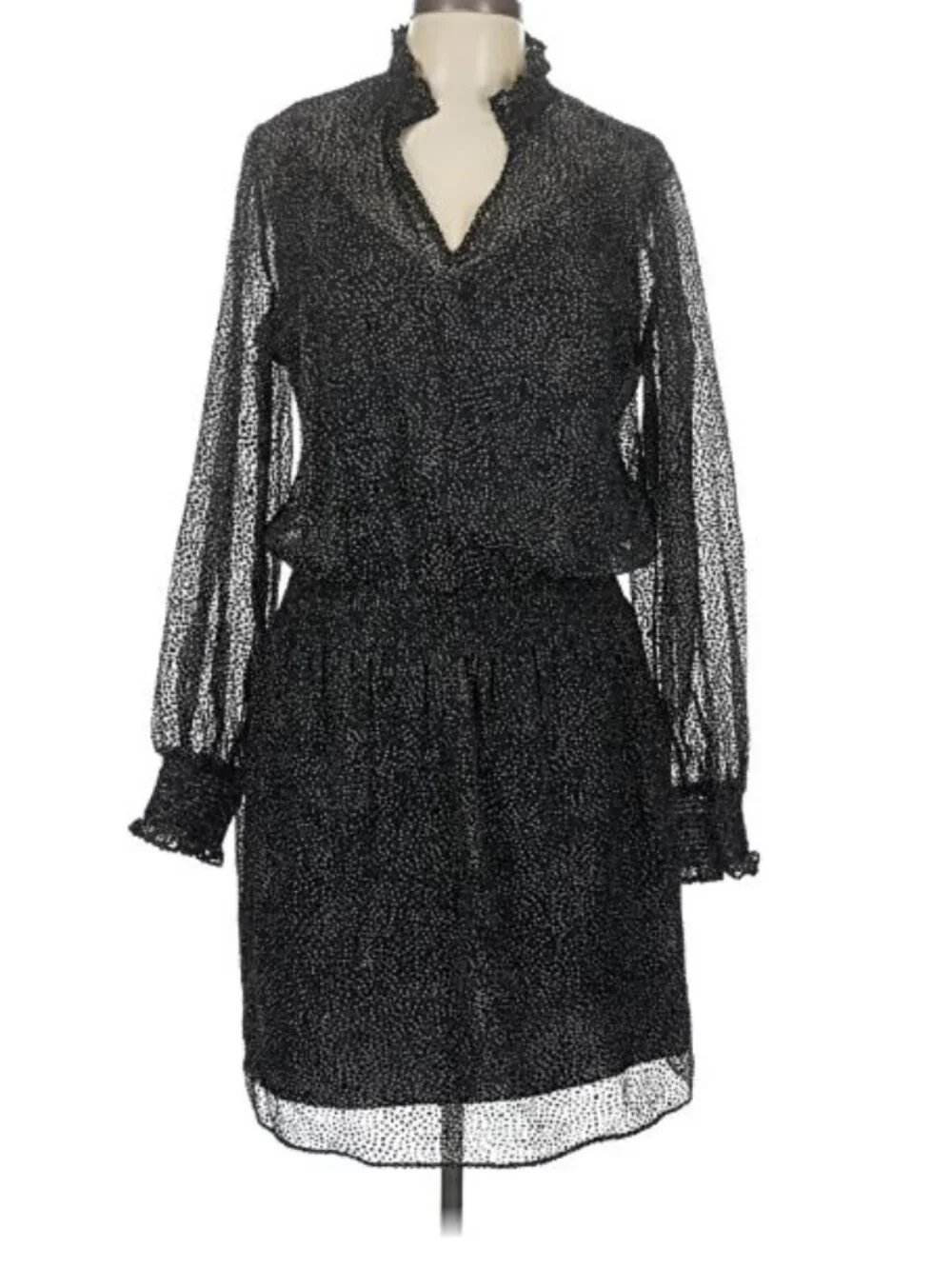 WHBM Polka Dot Blouson Dress Large Black White Sheer Mesh Mini Cocktail Casual - Picture 2 of 9